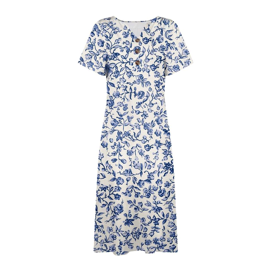 Dresses For Womens Flowers Cute Print Maxi Dress Summer Casual  Short Sleeve Dress