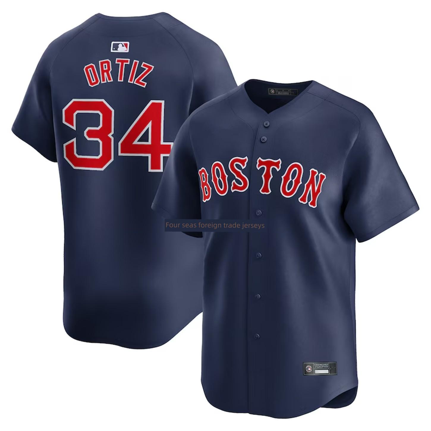 TAOMall Volledig Geborduurd Boston Red Sox Boston Red Sox Nr. 34 Ortiz Heren Jersey Honkbal Uniform 2XL, 110KG blauw/rood