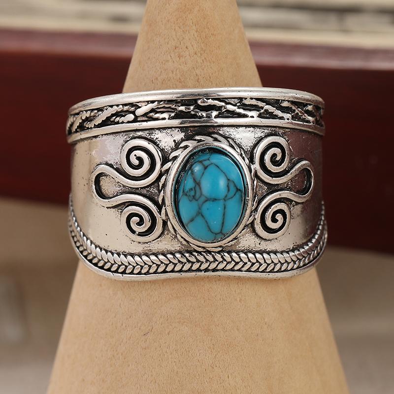 Ethnic CopperColor Inlaid Imitation Turquoise Women's Ring Geometry Daily Wear Party Jewelry