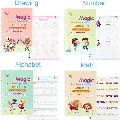 4 Books Pen Magic Copybook Free Wiping Children's Kids Writing Sticker Practice English Copybook For Calligraphy Montessori Gift
