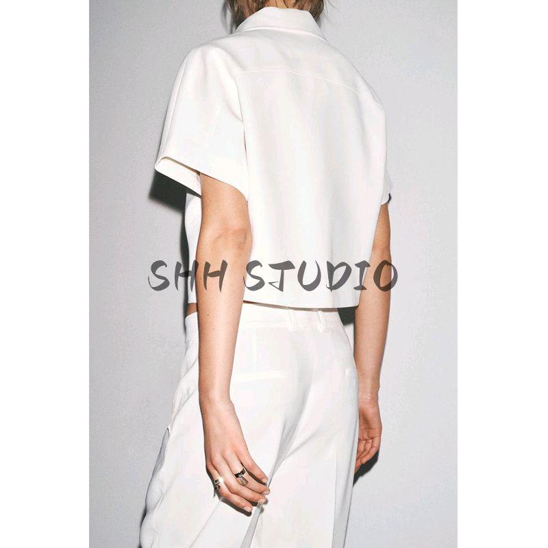 Summer Women Clothes Lapel Short Sleeve Short Outerwear 8491053 Straight Mid-Waist Casual Trousers 8491054
