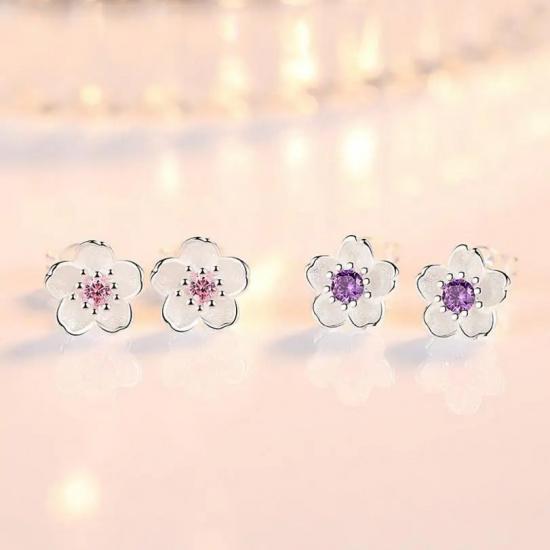 Jewelry Sterling Silver Earrings Cherry Blossom Inlaid Pink Zirconia Ear Studs Simple And Popular Earrings For Women