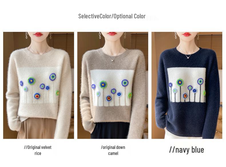 Women's 3D Embroidered Crochet Wool Sweater, Round Neck Autumn/Winter Pullover, Warm & Age-Reducing Layer
