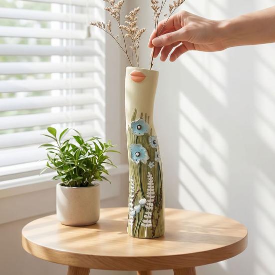 Resin Decorative Vase with 3D Relief Flowers And Human Face Design, Artistic Flower Vase for Home Desk Shelf Decor