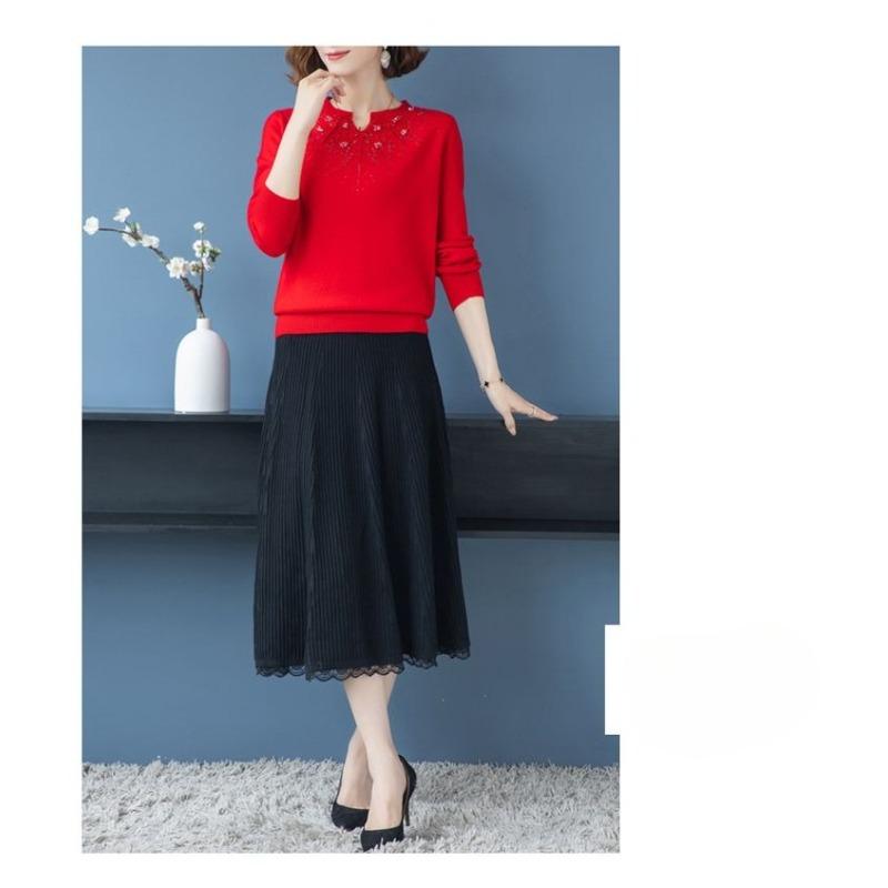 Módní svetr pro maminku z imitace vlny, volný, s výšivkou a kamínky, dámský, pro střední věk, větší velikost, podzimní zima