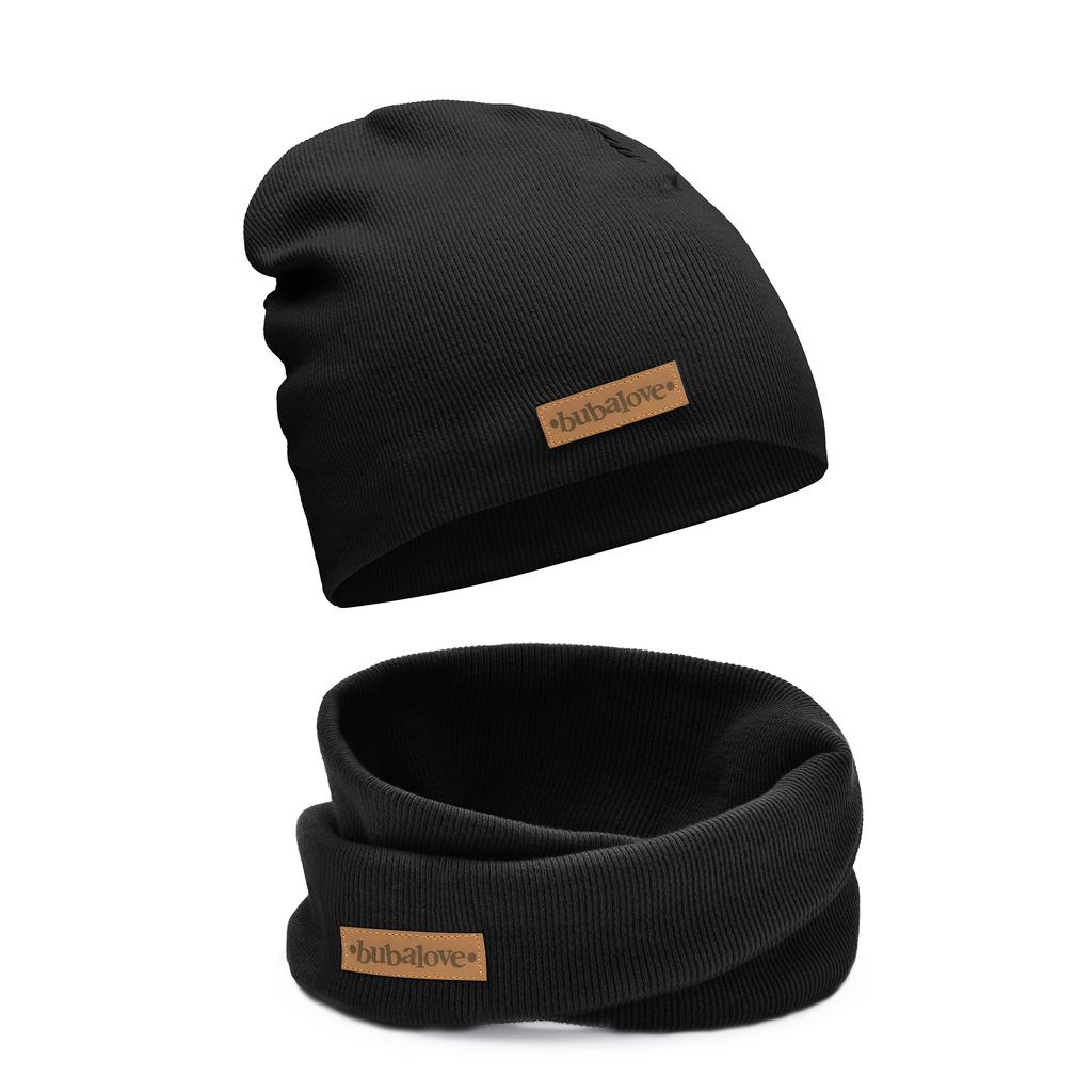 Czapka Komin Komplet Chłopięcy Wiosenny Podwójny Bawełniany Czarny 42-48 cm