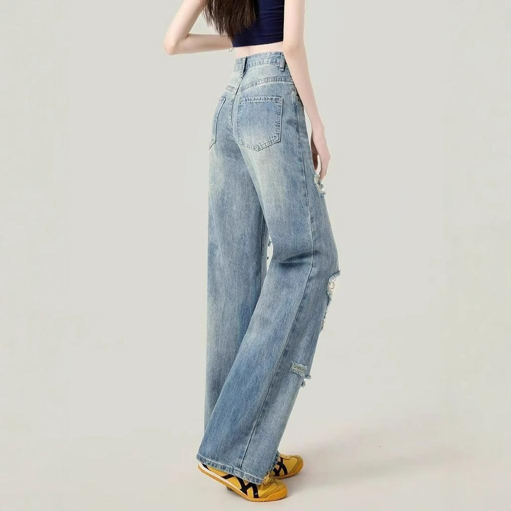 Blue Broken Holes Thin Jeans Women High-waisted Skinny Straight Dragging Trousers Wide Legs Show Legs Long Hundred Long Trousers Long Denim Pants