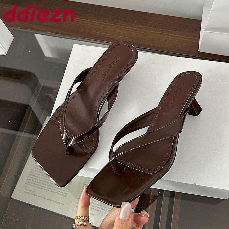 Fashion Luxury Fashion Square Toe Ladies Heeled Slippers Female Slides Sandals Shallow Women Low Heel Slippers Shoes Flip Flops