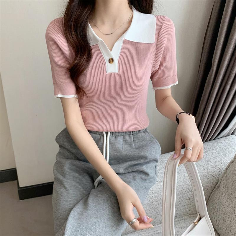 

Модный летний дизайн Sense Niche Retro Color Collision Chic Slim Thin Knit Tops Casual Summer Essential Comfort and Style Slim Fit Pullovers Tees One size розовый