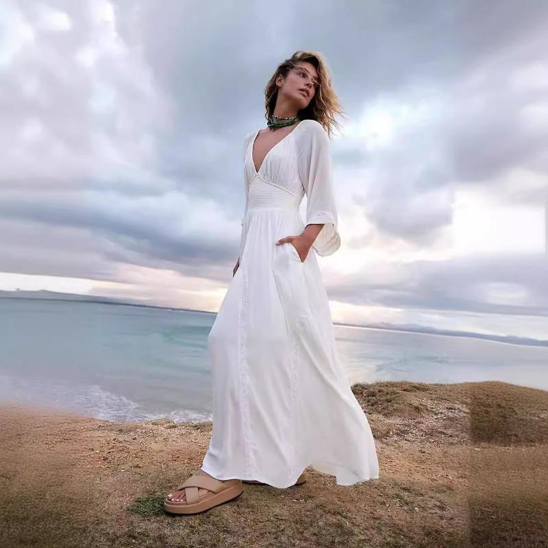 Women's New V-neck Mid-length Sleeve Holiday Beach Dress Slim Fashion Versatile Casual Solid Colour Dresses
