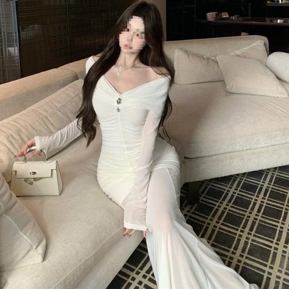 Elegant Mesh Patchwork Off-Shoulder Long Sleeve Bodycon Dress