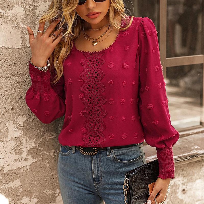 Damska koszulka z okrągłym dekoltem i bufiastymi rękawami, koronkowa, modna koszula o temperamencie