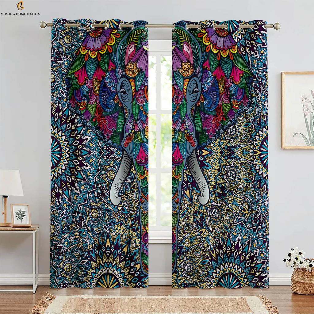 Set Of 2 European Retro Elephant Pattern Printed Curtains Polyester Bedroom Living Room Kitchen Curtain Machine Washable Ideal For Great