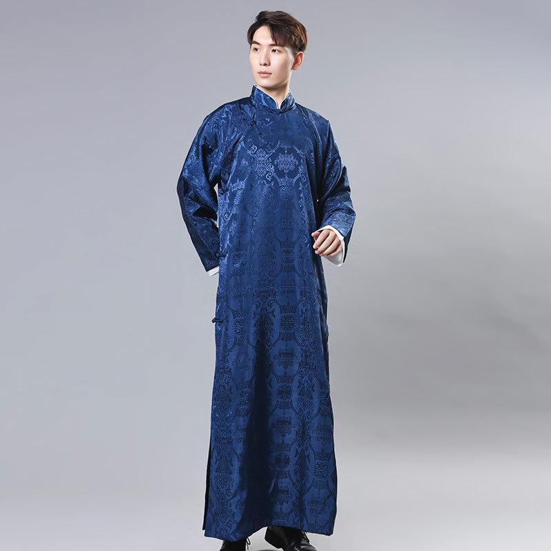 

Men s Mandarin Collar Tang Suit Long Robe Gown - Traditional Chinese Formal Wear L темно-синього кольору