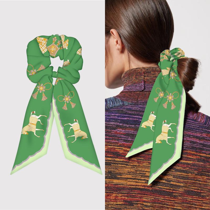 Girl Hair Silk Scarf Lady Elastic Scrunchies Ties Band Accessories Luxury Design Horse Print Ponytail Hairstyle Hairbands Ribbon