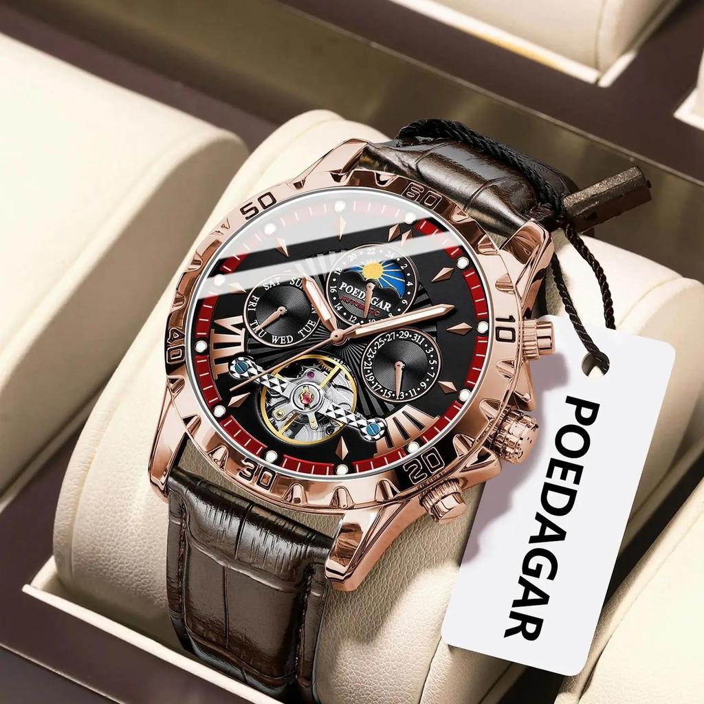 POEDAGAR Tourbillon Automatic Mechanical Wristwatch Waterproof Luminous Date Week Leather Men Watch