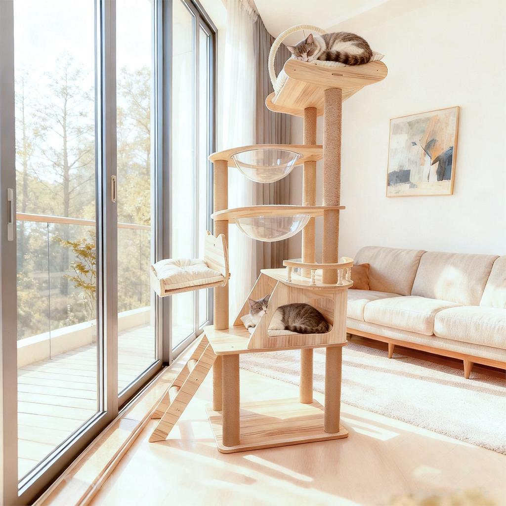 Raumkapsel Katzenbaum: Multifunktionaler Kratzbaum & Bett mit Doppelkammer, Geeignet für große & kleine Katzen