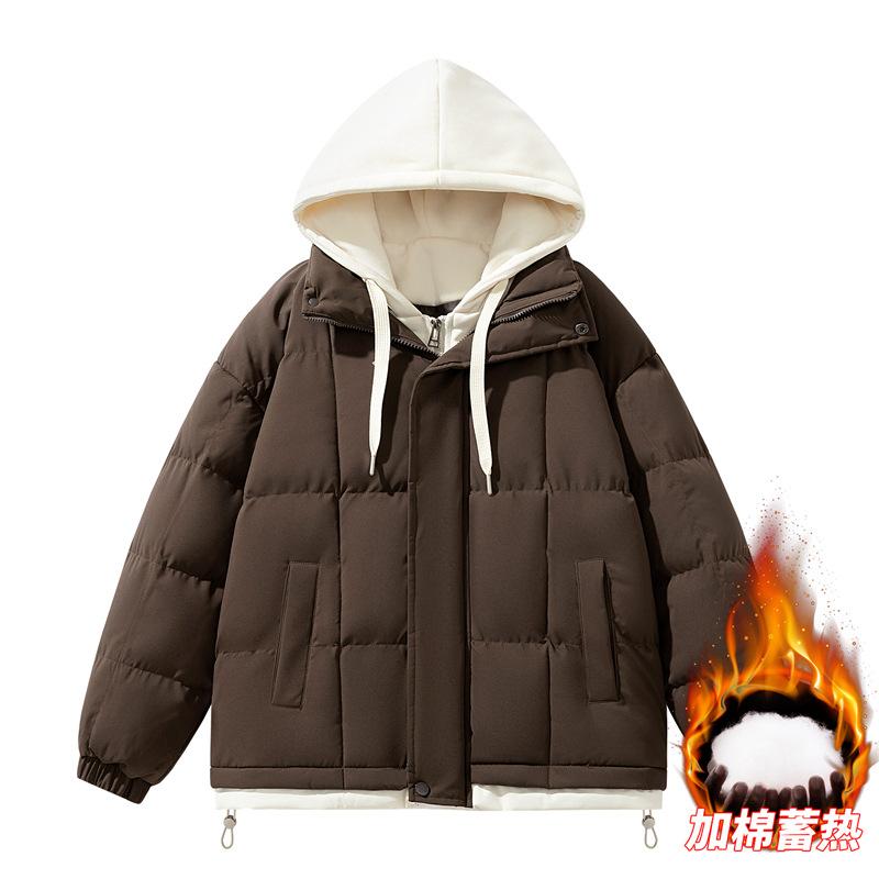 New winter fake two-piece cotton-padded clothes hooded cotton clothes for men and women couples with the same waterproof loose thickened