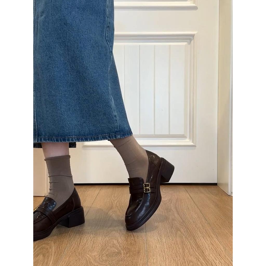 Women Platform Loafers Spring Autumn Slip on Vintage Chunky Leather Shoes Fashion Buckle Strap Height Increase Middle Heel Shoes