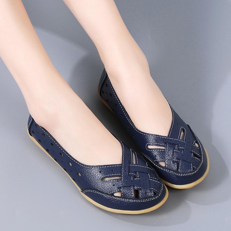 Women's Breathable Perforated Leather Flat Shoes Comfortable Massage Sole Casual Loafers for Daily Walking