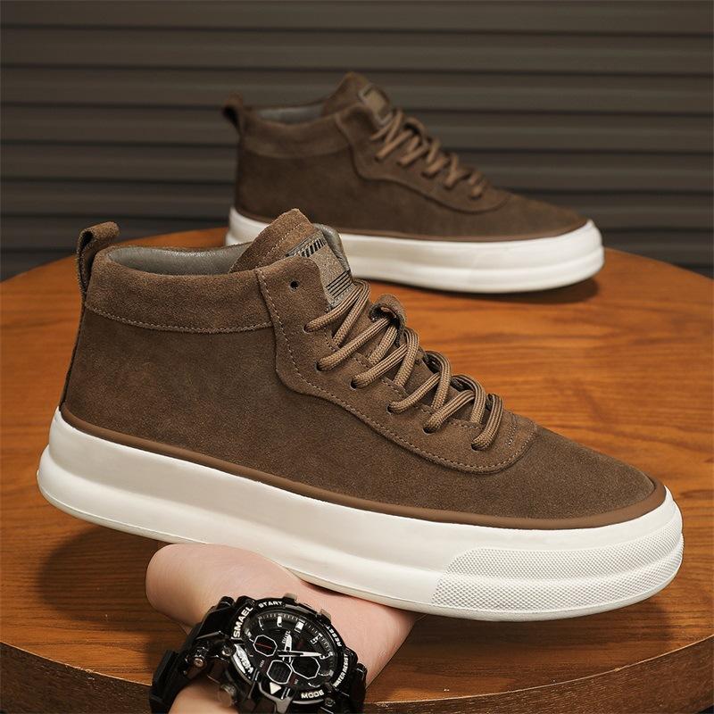 Spring high-top thick-soled men's shoes black new matte leather shoes men's breathable and versatile lightweight casual shoes