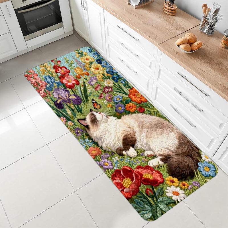 Cute Cat Flower Print Runner Rug Rustic Style Home Decor Faux Embroidery Long Carpet Soft Non-slip Floor Mat for Hallway Bedroom