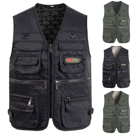 Winter-Angelweste mit mehreren Taschen, ärmellos, einfarbig, verdickt, V-Ausschnitt, warm halten, Strickjacke, Übergröße, Herren-Winterweste für Ausflüge