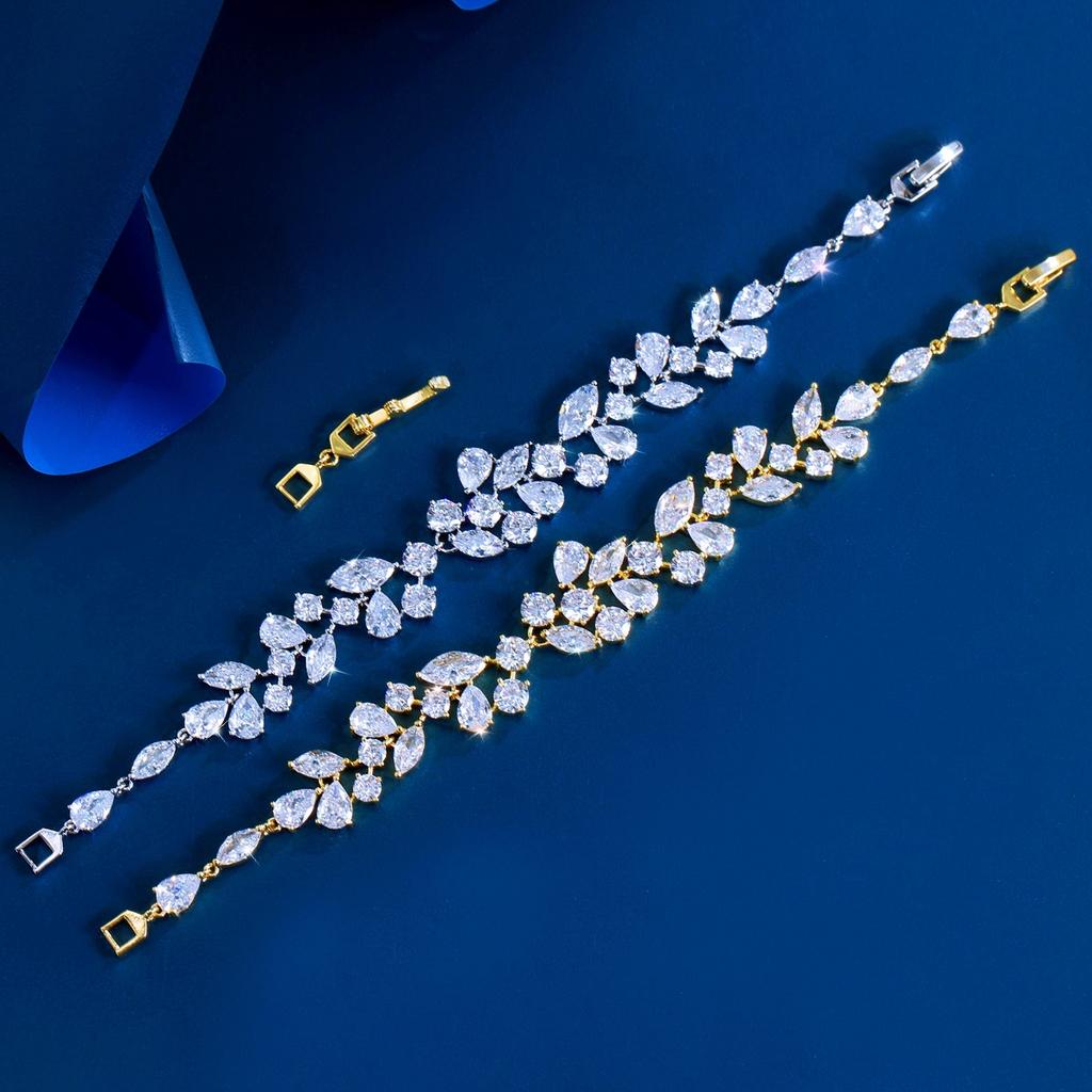 Pera Elegant Leaf Shape CZ Crystal Chain Link Charm Bracelets Bangles with Gold Color for Bridesmaid Wedding Jewelry Gift B217