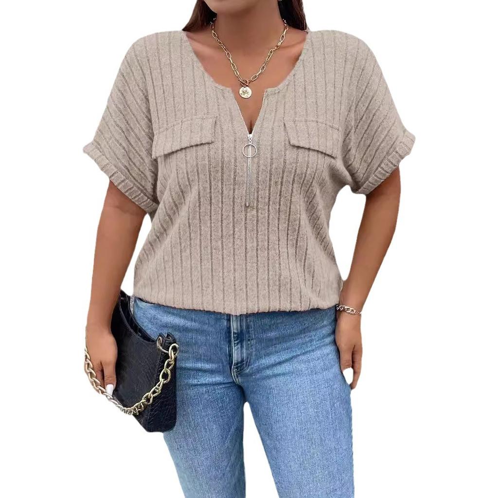 New solid color plus size women's blouse zipper short-sleeved fake pocket pullover T-shirt loose