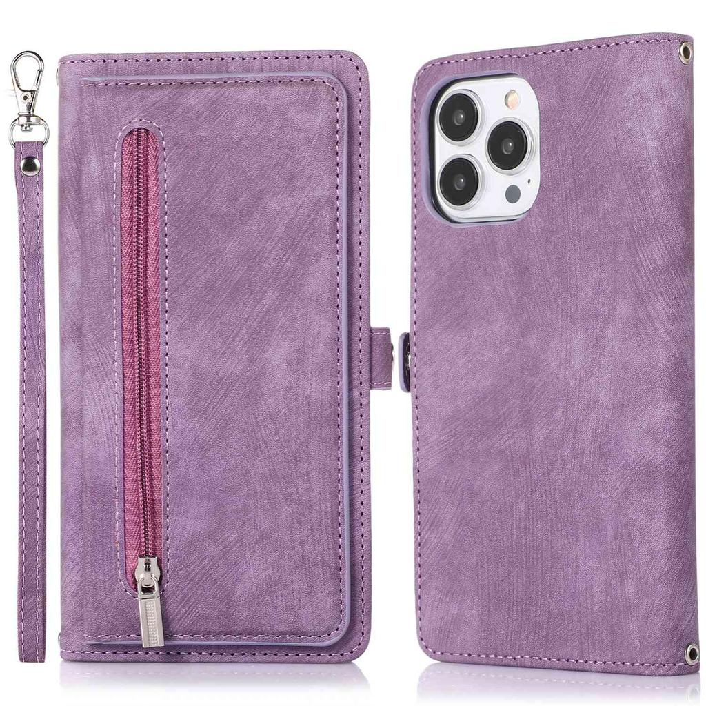 For iPhone 15 Pro Case Zipper Pocket 9 Card Slots PU Leather Phone Cover with Wrist Strap