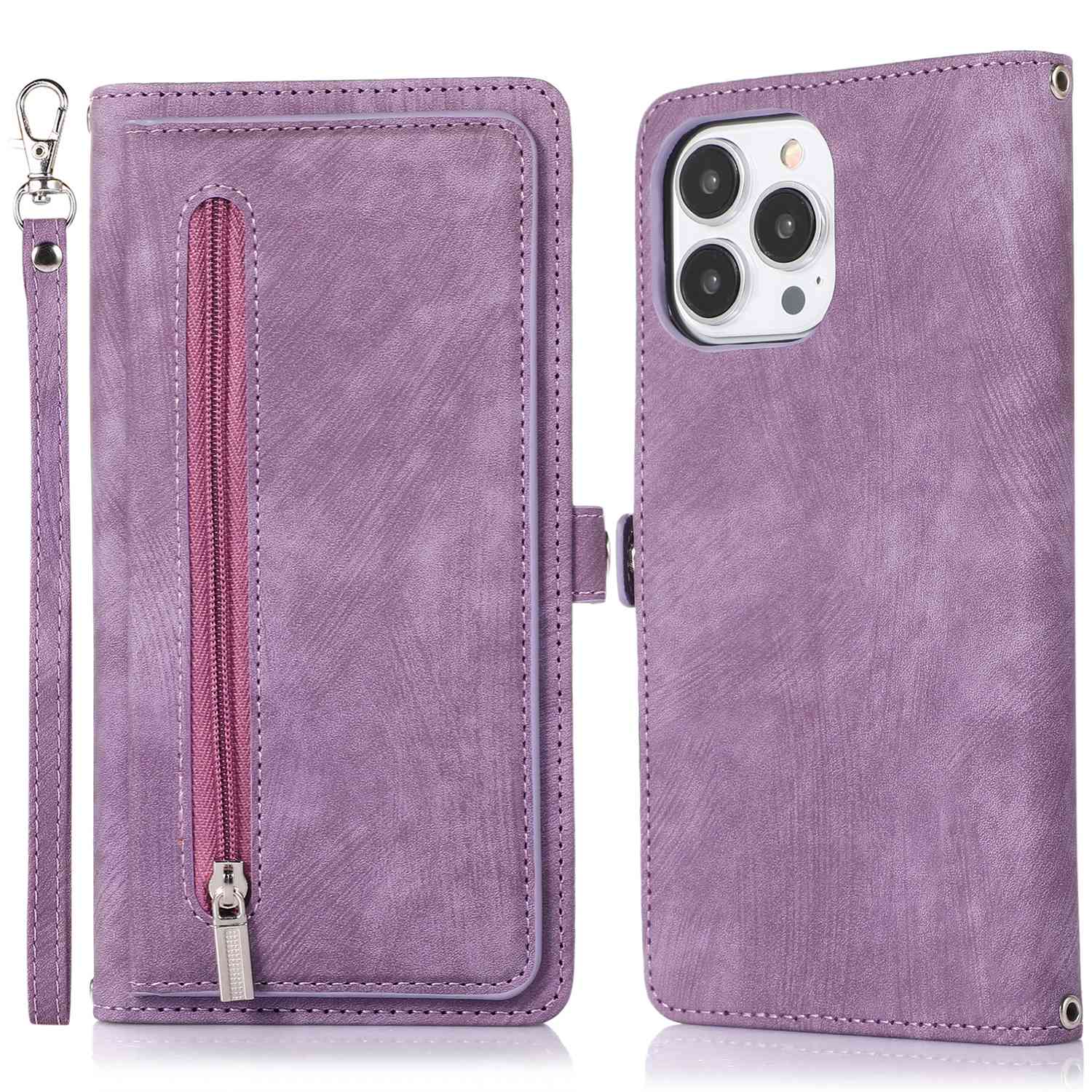 

For iPhone 15 Pro Max Case Zipper Pocket 9 Card Slots PU Leather Phone Cover with Wrist Strap Purple