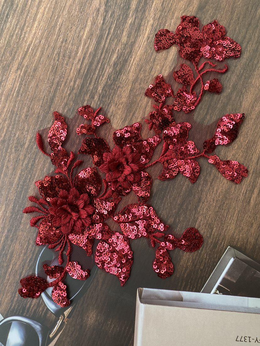 3D Sequin Embroidery Lace Fabric in Wine Red & White