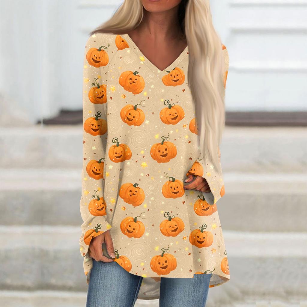 Dámské módní a ležérní tričko s halloweenským potiskem, s dlouhým rukávem, výstřihem do V, středně dlouhé