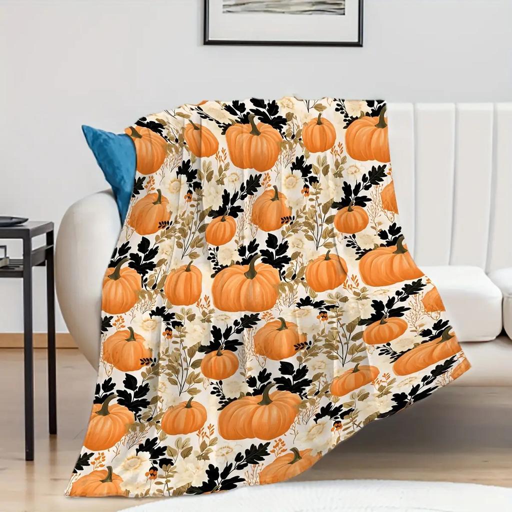 Autumn Pumpkin Pattern Flannel Throw Blanket Soft Plush Fleece Bed Sofa Cover, Cozy Harvest Theme Decorative Bedding For Home Living Room Gift