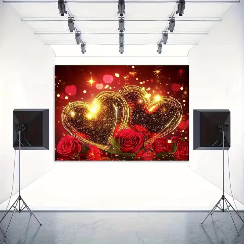 2D Anniversary Backdrop Red Rose and Golden Hearts Romantic Background