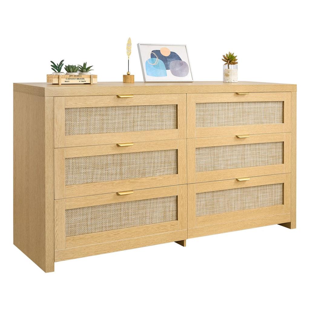 6 Drawer Rattan Dresser, Double Dresser for Bedroom, Natural Rattan Chest of Drawer with Metal Handle, Modern Wood Chest Clothing Organizer & Storage