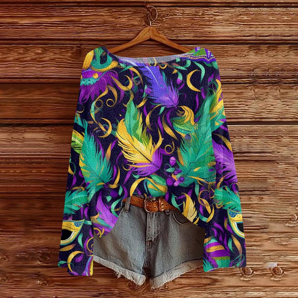 Women's Fashion Round Neck Long Sleeve Print Casual Pullover Sweater Top