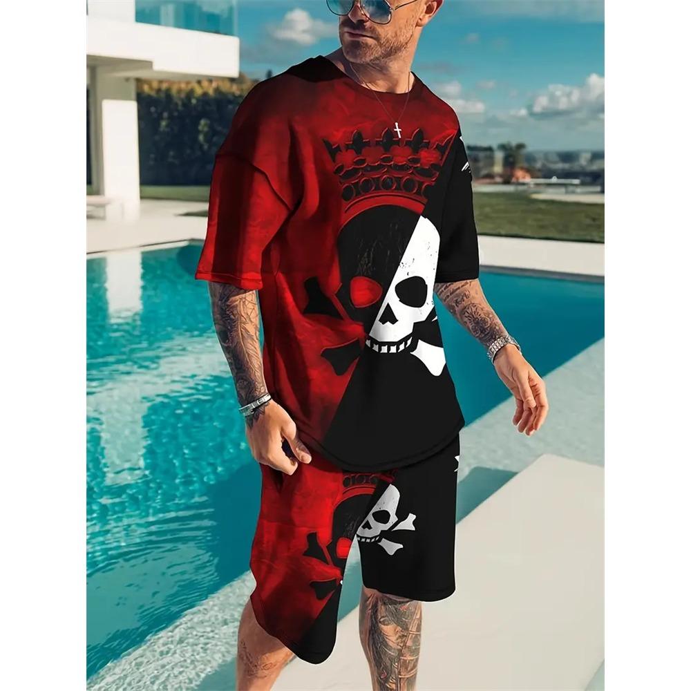 Vacation Casual Short Sleeve T Shirt Outdoor Street Shorts Summer Men's Short Sleeve Shorts Set Mens Skull Printed Set Hot Model