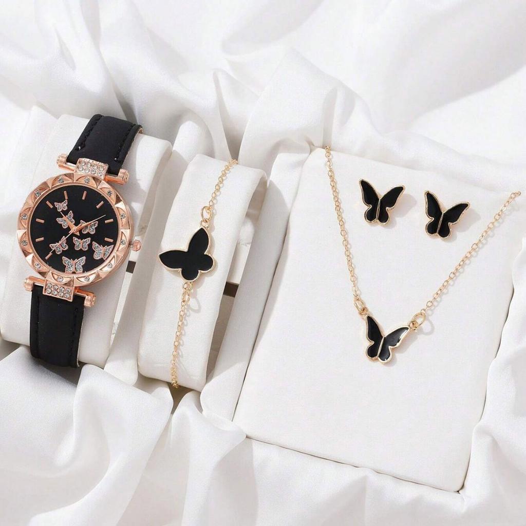 6pcs/set Luxury Watch Women Rings Necklace Earrings Bracelet Set Butterfly Leather Strap Watches Lady Wristwatch No Case
