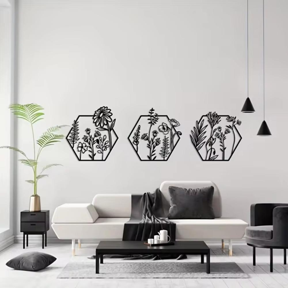 3-teiliges Wandbild mit Metallblumen – schöne Blumendekoration für Zuhause, bezaubernder Wandaufkleber mit Metallblumen