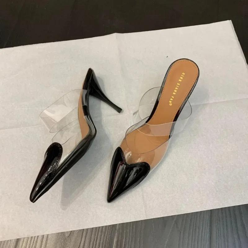 Moda 2024 Piele lacuată PVC Pompe Sandale stiletto Bretele cu vârf ascuțit Detalii inimii la degetele picioarelor Papuci cu toc înalt Pantofi de mireasă