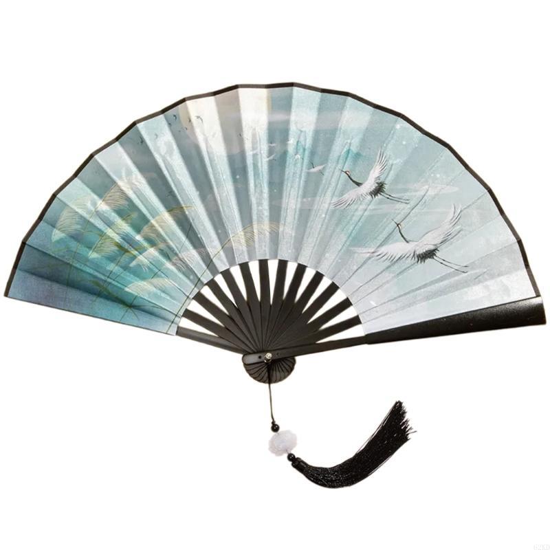 62KD Handhelds Folding Fan Elegant Chinese Vintage Painting Double Sided Hand Fan with Tassels for Dance Home Decorations