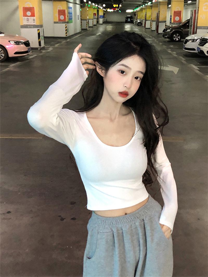 

Autumn new pure desire Spice Girl big U-neck thin slim short white long-sleeved T-shirt top women s fashion M белый