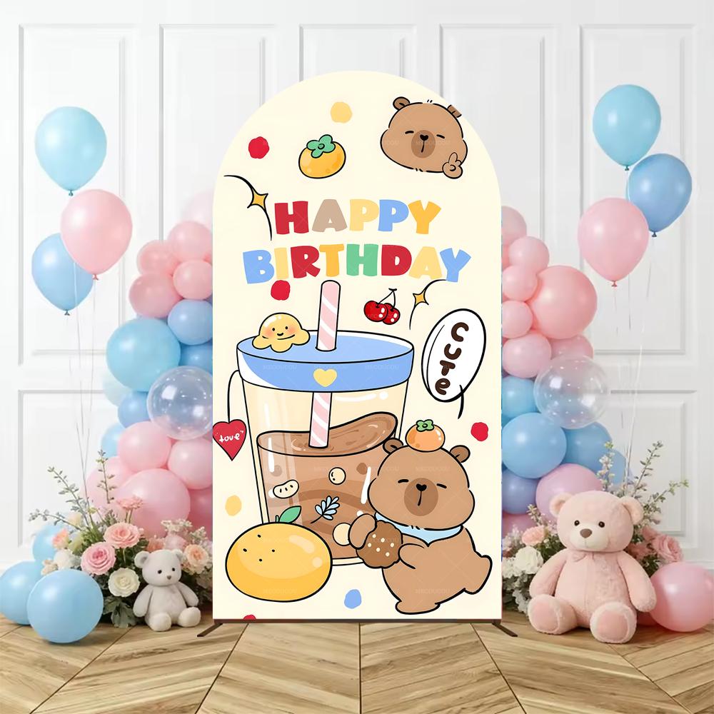 

BEPAN Cartoon cute capybara theme arched background children s birthday party decoration props double-sided printing stretch fabric 1.6x3.9ft(50x120cm)