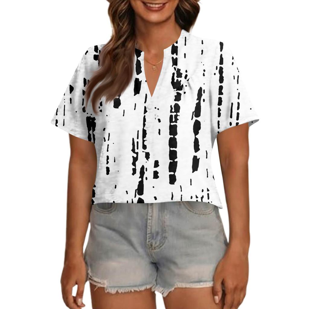 Women's Fashionable Casual V Neck Button Up Oversized Short Sleeve Printed Top