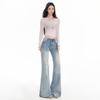 Ice Blue Women's Low-Waist Slim Fit Micro Flare Jeans - 2025 Trendy Extended Length Cropped Pants