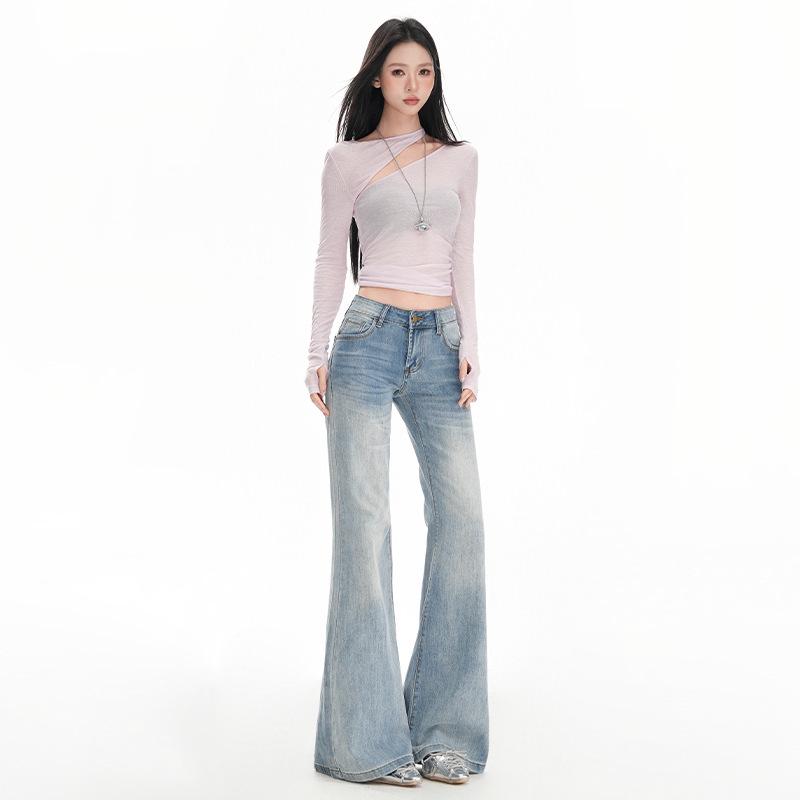 Ice Blue Women's Low-Waist Slim Fit Micro Flare Jeans - 2025 Trendy Extended Length Cropped Pants