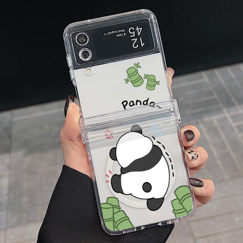 3 STÜCKE Faltbare Stoßfeste Hülle für Samsung Z Flip6 Flip5 Flip4 für Magsafe Magnetisch Cartoon Pandas Muster Transparent Hartes PC Slim Case Abdeckung