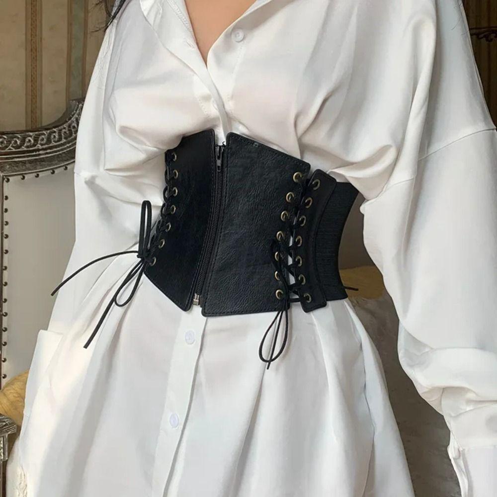 High Waist Zipper Cummerbunds PU Leather Wide Waist Belt Personality Female Waistband  Dress