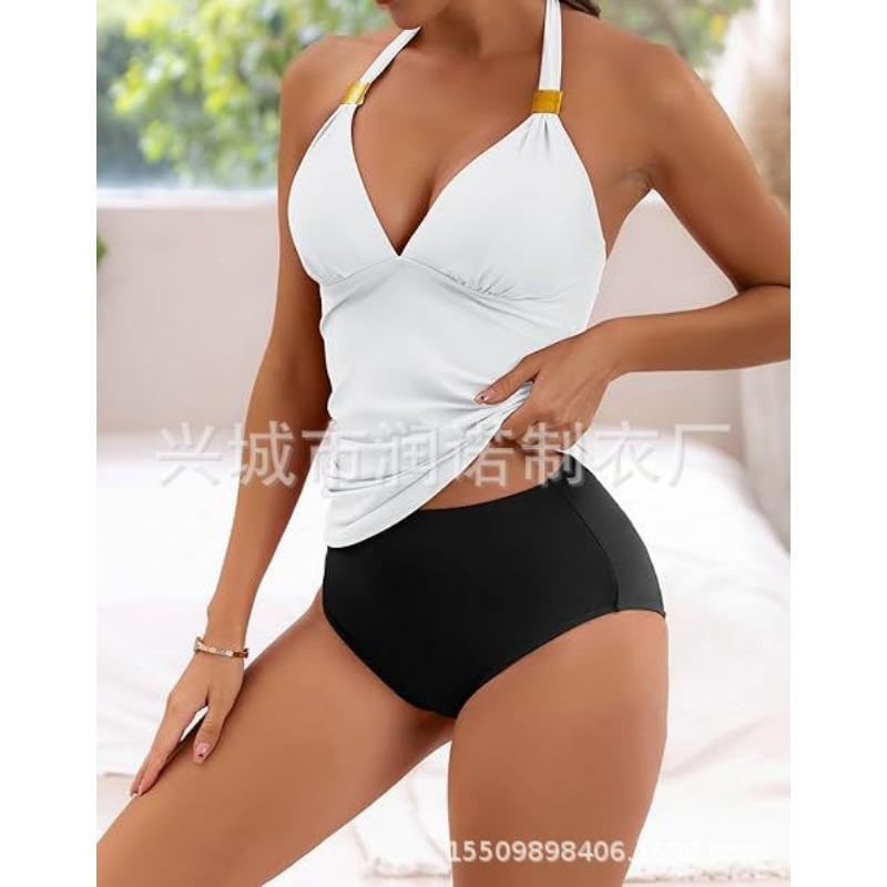 Conjunto de Tankini Halter Verde Esmeralda para Mujer con Estampado de Hojas Tropicales de Cintura Alta